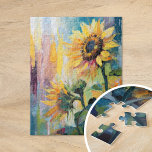 Puzzle Tournesols Peinture Abstraite Florale moderne<br><div class="desc">Un tableau moderne abstrait impressioniste de style dynamique de tournesols. L'oeuvre est composée de touches texturées dans les tons jaunes, bleus et verts. Le brossage dynamique et les couleurs vives créent un sens du mouvement, capturant la beauté et l'énergie des tournesols dans un style frais et contemporain. Les textures riches...</div>