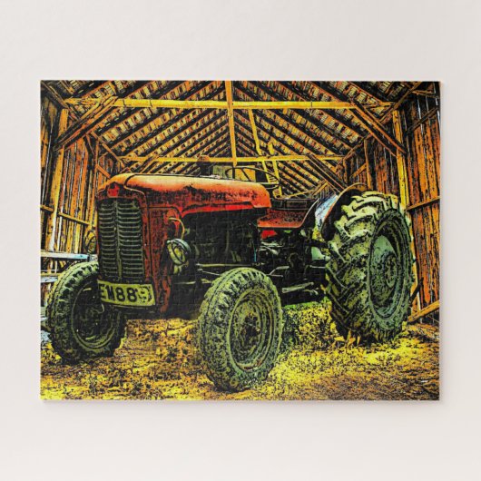 Puzzle Tracteur rouge antique Grange rustique (Horizontal)