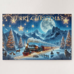 Puzzle Train de Noël au clair de lune avec des animaux de