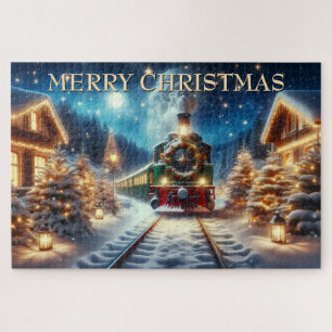 Puzzle Train de Noël vert dans un village enneigé