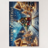 Puzzle Train de Noël vert dans un village enneigé (Vertical)