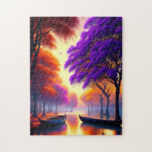 Puzzle "Tranquillité de la dérive : Canoës sous Jacaranda (Vertical)