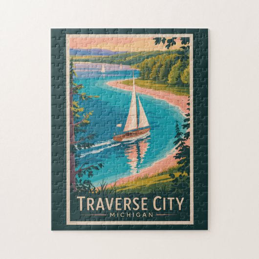Puzzle Traverse City Michigan Illustration Travel Art (Vertical)