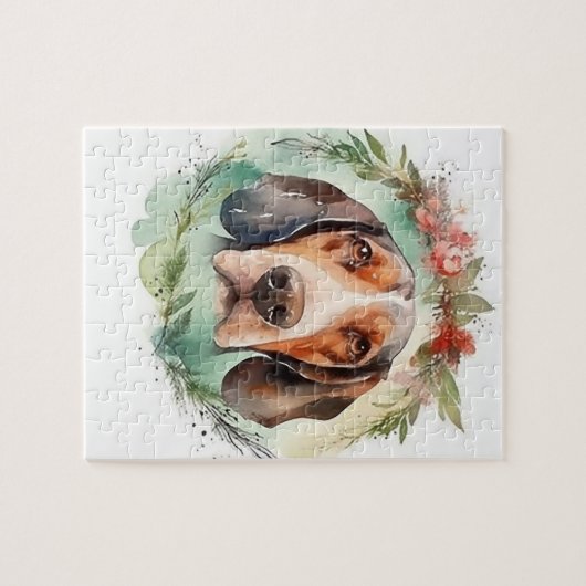 Puzzle Treeing Walker Christmas Wreath Festive Pup (Horizontal)