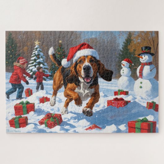 Puzzle Trek Walker Coonhound Neige avec Casquette de Noël (Horizontal)