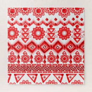 Puzzle Tribus rouge, motif ethnique aquarelle.