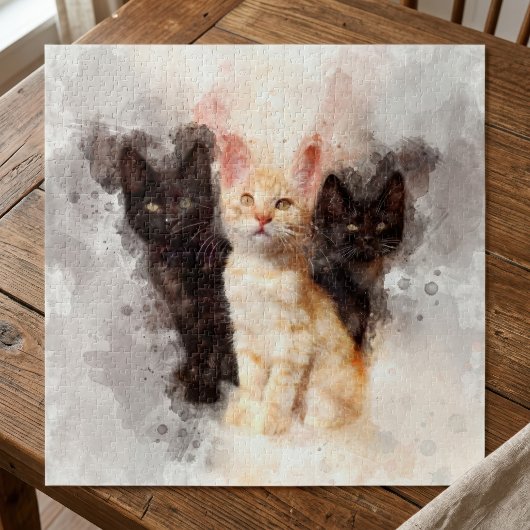 Puzzle Trio à l'aquarelle de mignons chatons noirs et ora