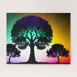 Puzzle Trois Arbres Silhouettes Couchant Sous Un Ciel Vib