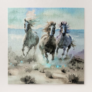 Puzzle Trois chevaux sauvages courent à travers une prair