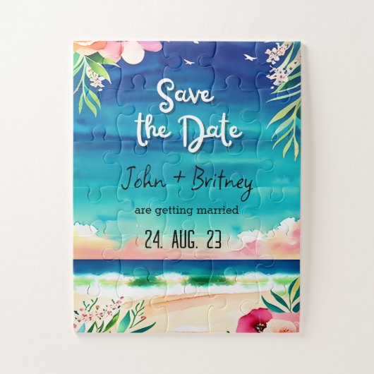 Puzzle Tropical Blooms: Wedding Save the Dat (Vertical)
