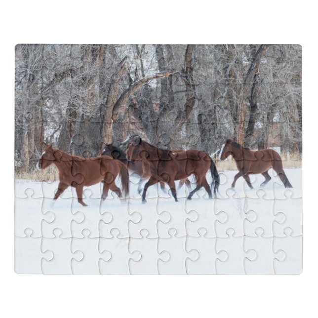 Puzzle Troupeau de chevaux qui courent en hiver neige (Puzzle Horizontal)