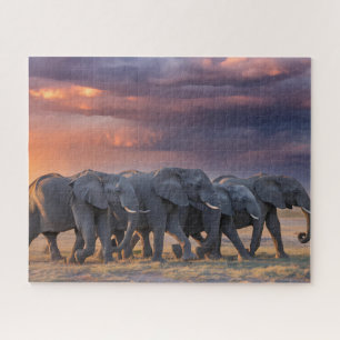 Puzzle Troupeau d'éléphants traversant la savane