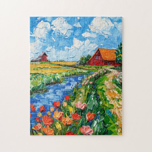 Puzzle Tulip Fields with Barn and Stream Fantasy Painting (Vertical)
