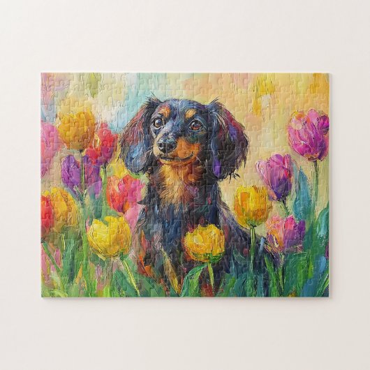 Puzzle Tulipes colorées Dachshund mignonne Peinture (Horizontal)