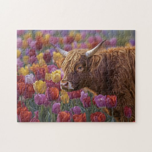 Puzzle Tulipes de printemps de vache des Highlands (Horizontal)