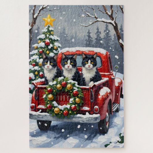 Puzzle Tuxedo Cat Christmas Red Truck Holiday (Vertical)