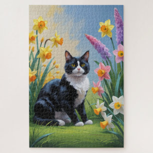 Puzzle Tuxedo Chat Fleurs de Printemps Peinture