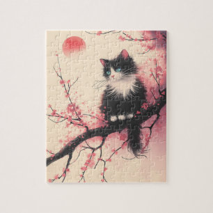 Puzzle Tuxedo Chat sur la fleur de cerise esthétique japo