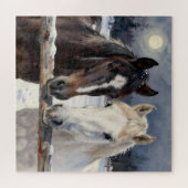 Puzzle Two Horses on a Snowy Farm Under the Moon (Horizontal)