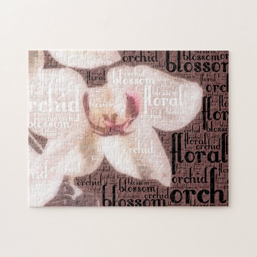 Puzzle Typographie florale Embedded White Orchid Photo (Horizontal)