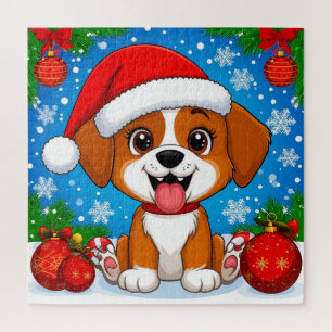 Puzzle Un adorable chiot au chapeau de Père Noël avec des