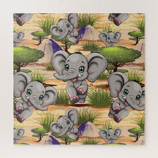 Puzzle Un bébé éléphant qui sonne heureux dans la savane  (Vertical)