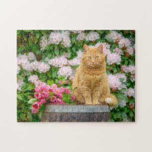 Puzzle Un chat orange dans un jardin aux fleurs de printe