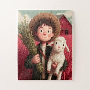 Puzzle Un garçon de ferme avec son ami mouton à ses côtés