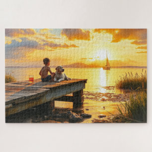 Puzzle Un garçon et son chien au lac au coucher du soleil