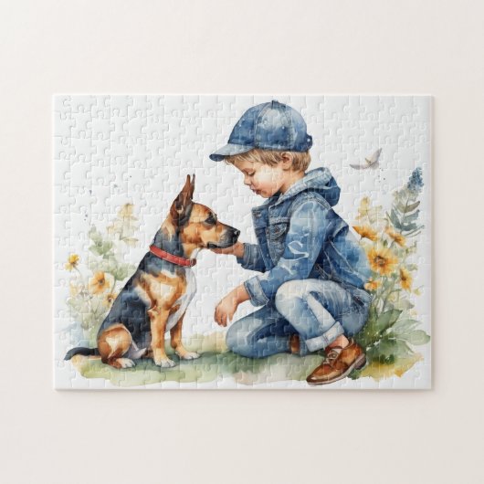 Puzzle Un garçon et son chiot allemand Shepard (Horizontal)