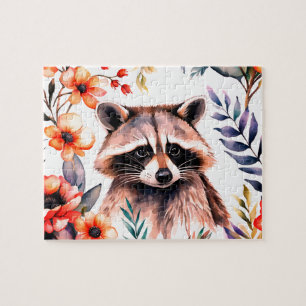 Puzzle Un joli raton laveur parmi les fleurs