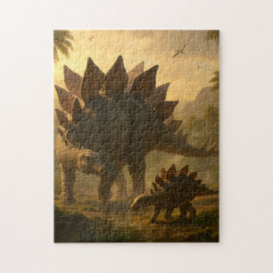Puzzle Un noble Stegosaurus adulte guide doucement ses je