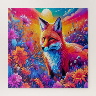 Puzzle Un renard dans un champ de fleurs coloré.