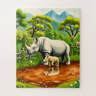 Puzzle Un rhinocéros et ses bébés enfants