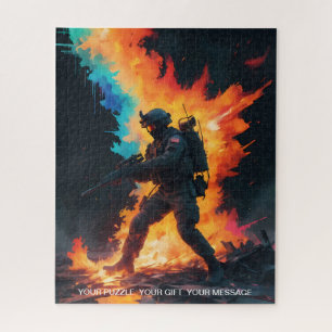 Puzzle Un soldat dans les flammes se tient au milieu de l