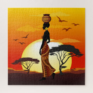 Puzzle Une belle femme africaine Silhouette sur les solei