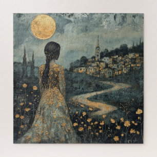 Puzzle Une femme surplombant la ville au clair de lune