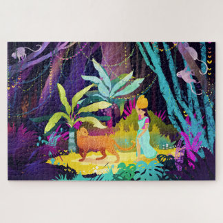 Puzzle Une fille et un léopard dans la forêt tropicale
