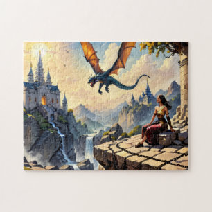 Puzzle Une fille qui regarde un dragon passer.