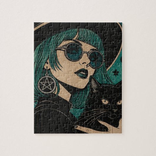 Puzzle Une sorcière avec son chat noir Gravure sur bois (Vertical)