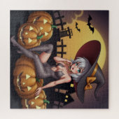 Puzzle Une sorcière d'Halloween aux yeux verts sur Jack-O (Horizontal)