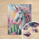 Puzzle Unicorne Abstraite lunatique et succulents<br><div class="desc">Un tableau abstrait moderne représentant une licorne géante entourée de cactus pastel et de succulents. La licorne, peinte dans des lignes fluides et des couleurs vives, se distingue par les tons doux des roses rousses, des verts menthe et des bleus pâles des plantes du désert. Cette composition ludique et imaginative...</div>