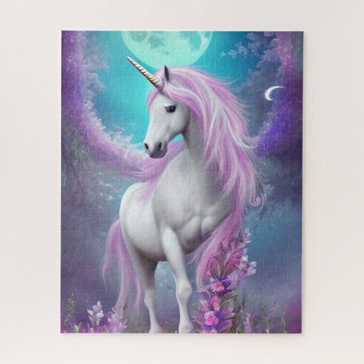 Puzzle Unicorne blanche avec fleurs pourpres et lune (Vertical)