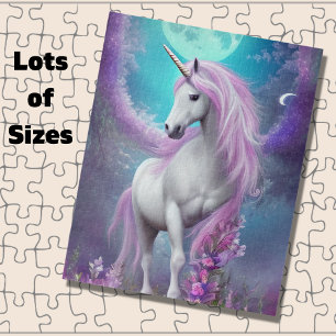 Puzzle Unicorne blanche avec fleurs pourpres et lune