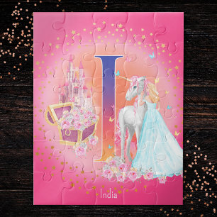 Puzzle Unicorne et princesse avec la lettre du château I 