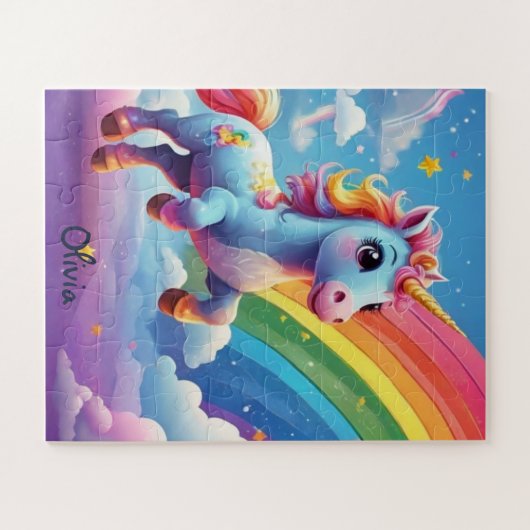 Puzzle Unicorne Personnalisée Qui Saute Dans L'Arc En Cie (Horizontal)