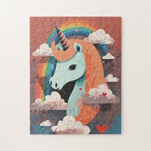 Puzzle Unicorne sous arc-en-ciel et parmi les coeurs (Vertical)