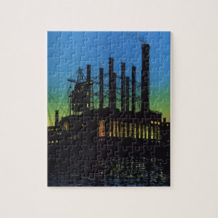 Puzzle Usine de fabrication au coucher du soleil, Vintage