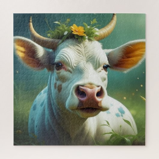 Puzzle Vache Ai blanche mignonne avec cornes et fleurs (Vertical)