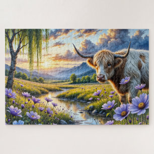 Puzzle Vache croisée Highland/Longhorn dans un paysage fl